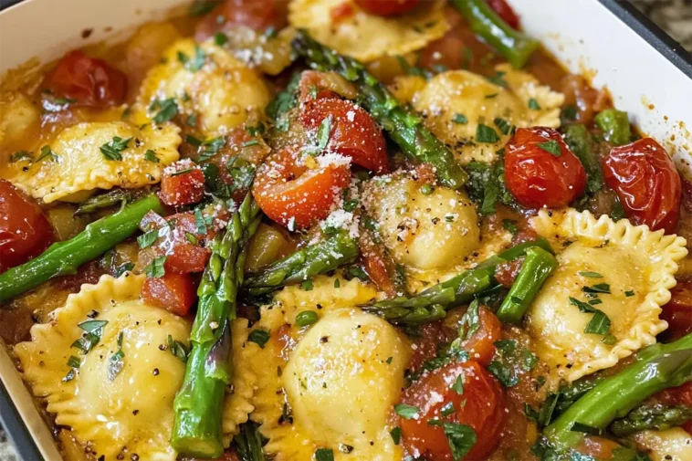 Delicious Ravioli with Tomatoes, Asparagus, Garlic & Herbs Recipe