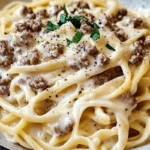 creamy Alfredo pasta with savory ground beef