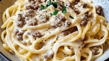 creamy Alfredo pasta with savory ground beef