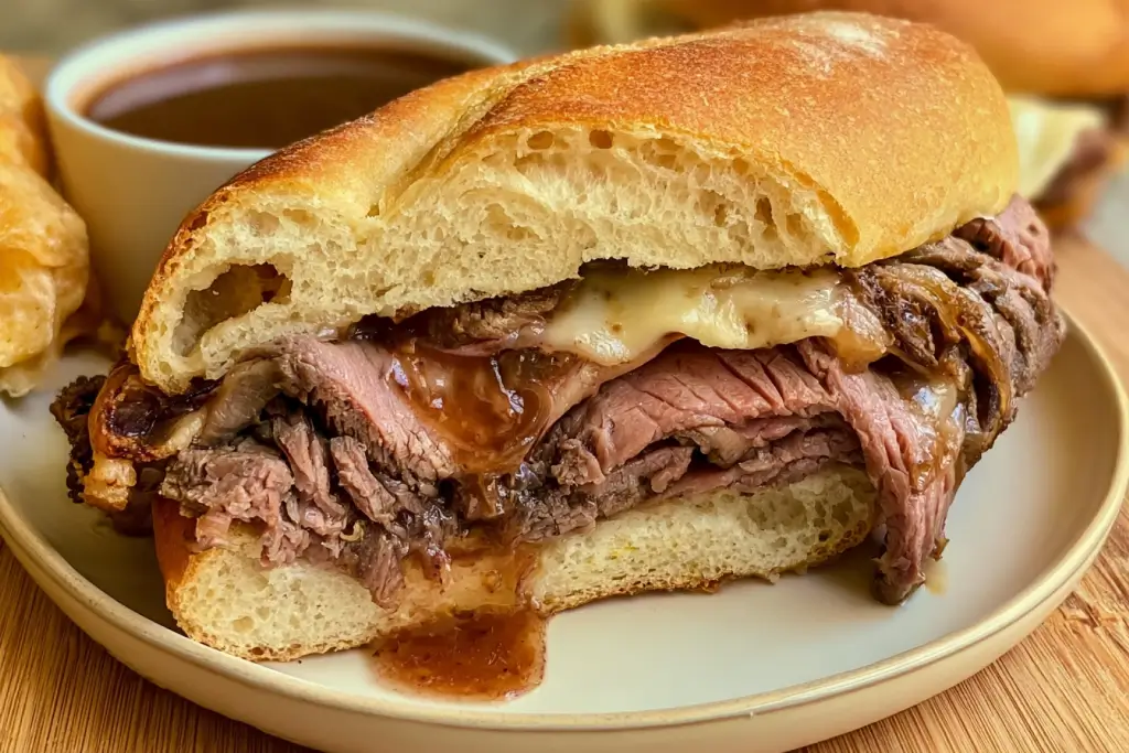 French Dip Sandwich with Provolone & Au Jus – Recipe & Tips 4 French Dip Sandwich with roast beef and melted provolone cheese