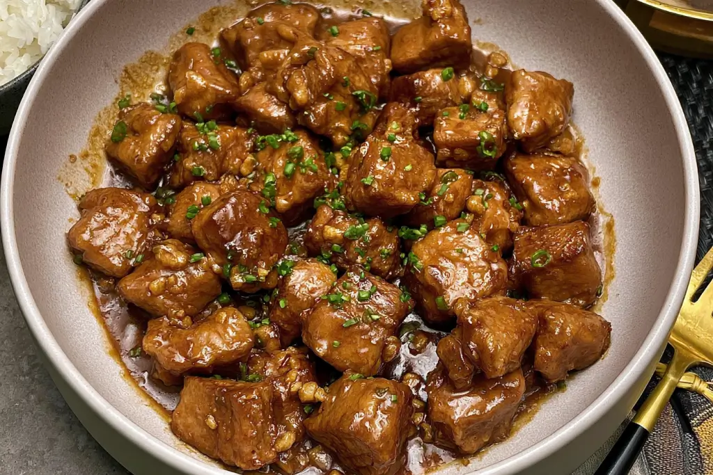 Garlic pork bites in a creamy Parmesan garlic sauce