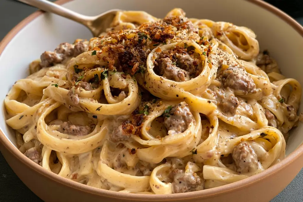 Creamy Ground Beef Alfredo Pasta – Hearty & Easy Comfort Food Recipe 4 Creamy ground beef Alfredo pasta with Parmesan and parsley