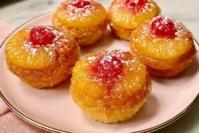 Pineapple upside-down cupcakes with caramelized pineapple and cherries