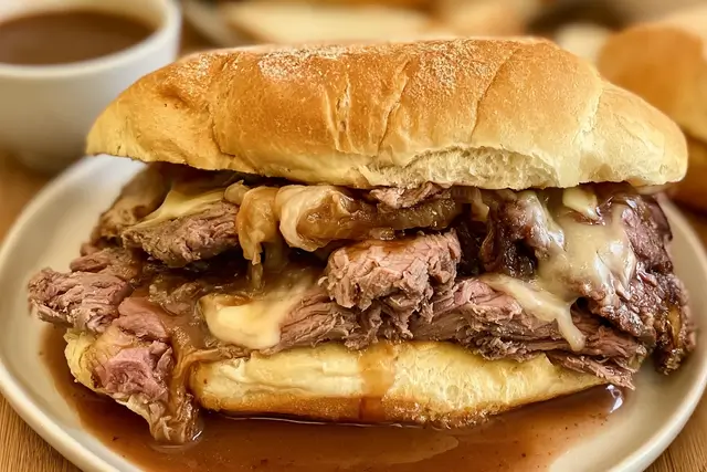 French Dip Sandwich with Provolone & Au Jus – Recipe & Tips 3 French Dip Sandwich with roast beef and melted provolone cheese