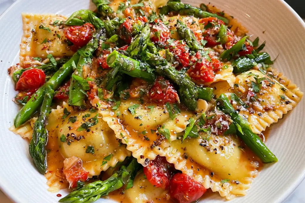 Delicious Ravioli with Tomatoes, Asparagus, Garlic & Herbs Recipe 3 Ravioli with tomatoes, asparagus, garlic, and fresh herbs