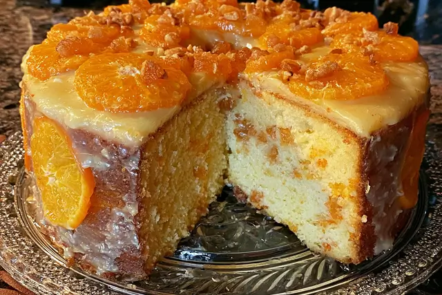 Mile High Orange Slice Cake with orange glaze, pecans, and coconut