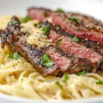 Garlic Butter Steak with Cheesy Herb Pasta Plated