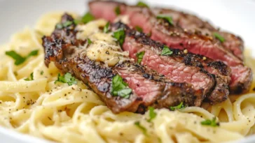 Garlic Butter Steak with Cheesy Herb Pasta Plated