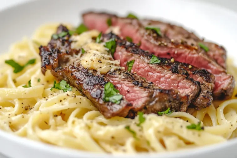 Garlic Butter Steak with Cheesy Herb Pasta Plated