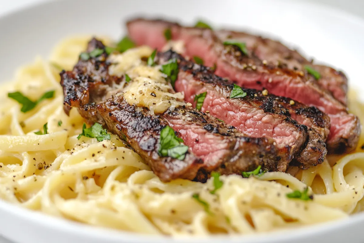 Garlic Butter Steak with Cheesy Herb Pasta Recipe 1 Garlic Butter Steak with Cheesy Herb Pasta Plated