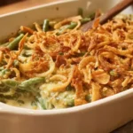 Green beans with mushroom sauce and onions