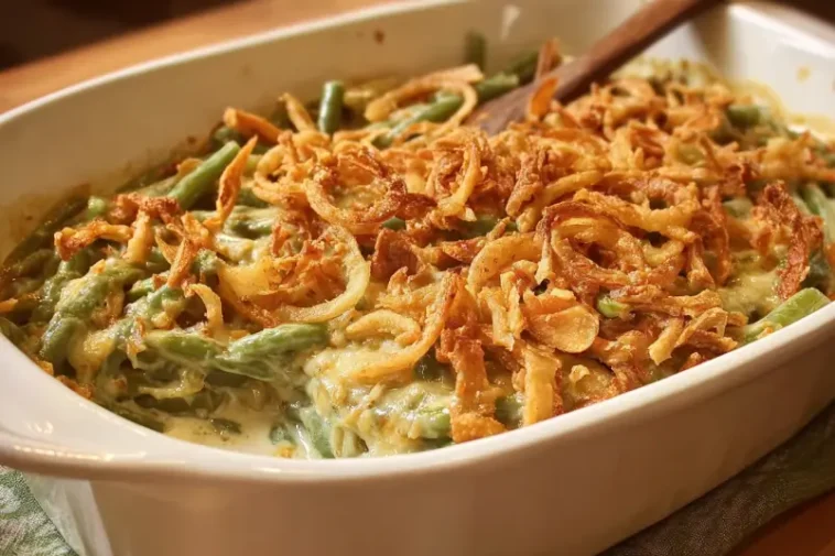 Green beans with mushroom sauce and onions