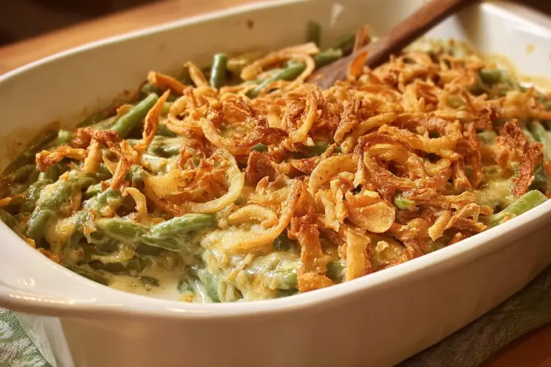 Green beans with mushroom sauce and onions