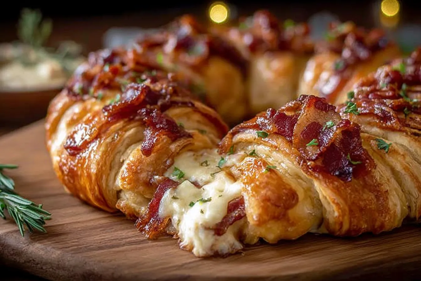 Bacon Brie Crescent Wreath Recipe | Delightful Holiday Appetizer 3 Bacon Brie Crescent Wreath Ready to Serve