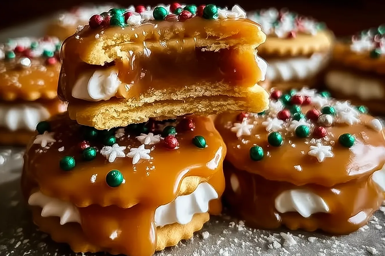 Caramel Ritz Cracker Christmas Cookies: Holiday Bliss! 3 Caramel Ritz Cracker Christmas Cookies on a Festive Platter