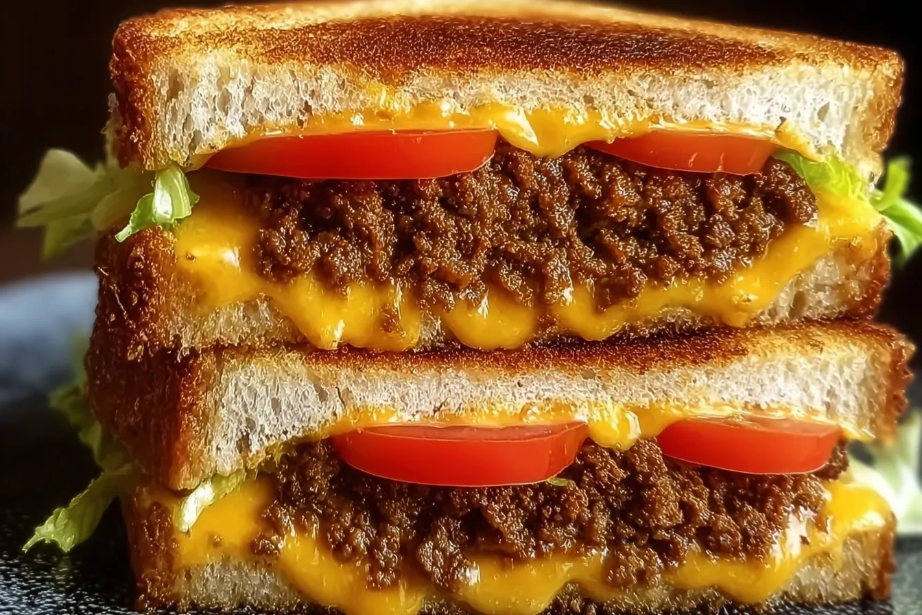 Cheeseburger Grilled Cheese Fusion: A Tasty Delight 3 Cheeseburger Grilled Cheese Fusion Slices on a Plate