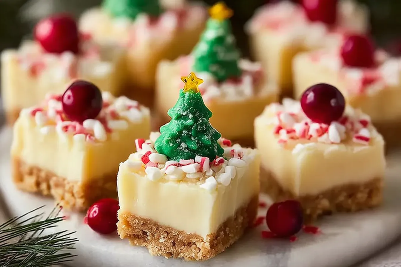 Christmas Cheesecake Bites: Delightfully Festive Treats 3 Delicious Christmas Cheesecake Bites on a Festive Table