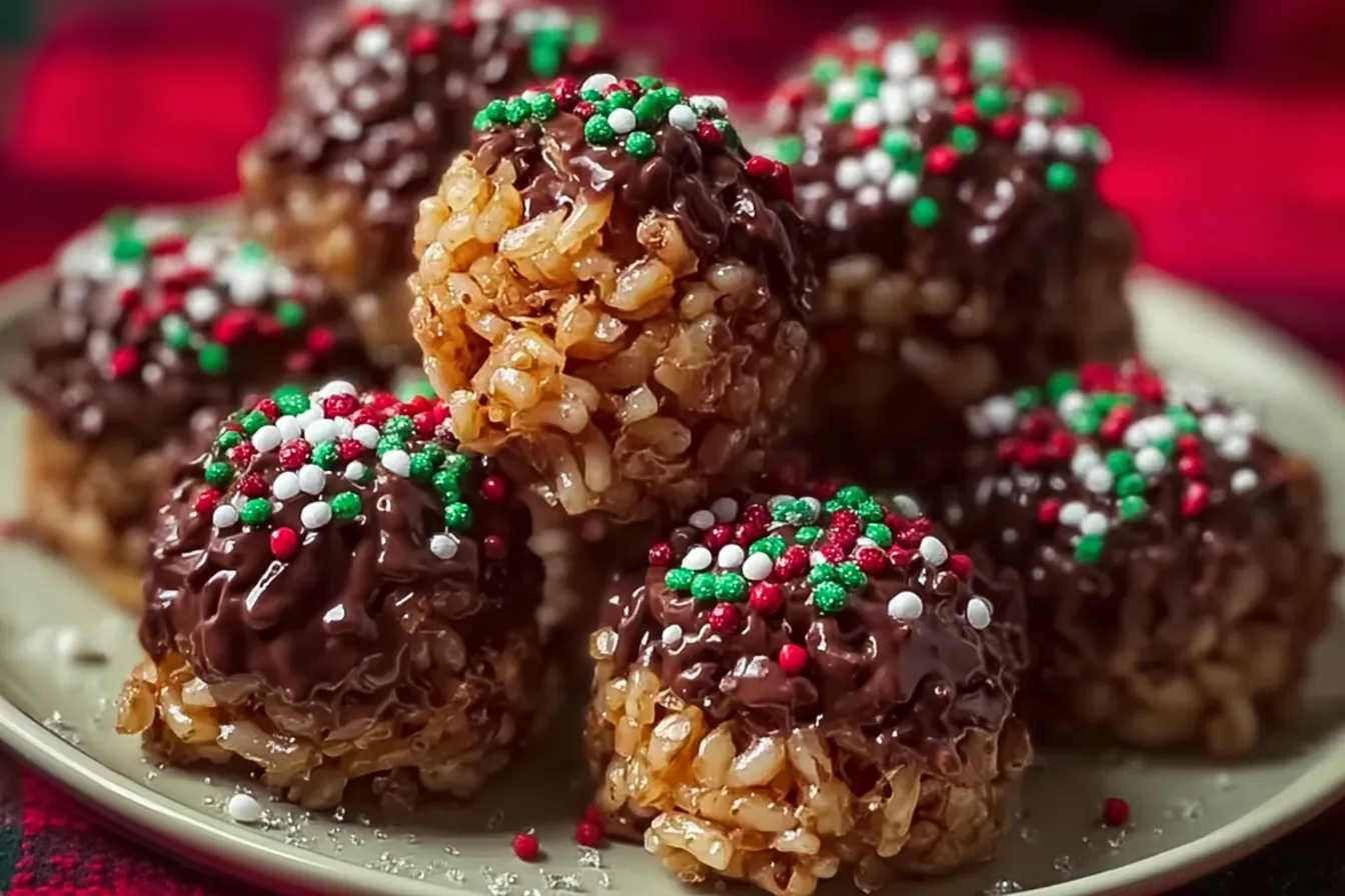 Christmas Chocolate Rice Krispie Balls: Delightful Holiday Treats 3 Christmas Chocolate Rice Krispie Balls on a Festive Plate