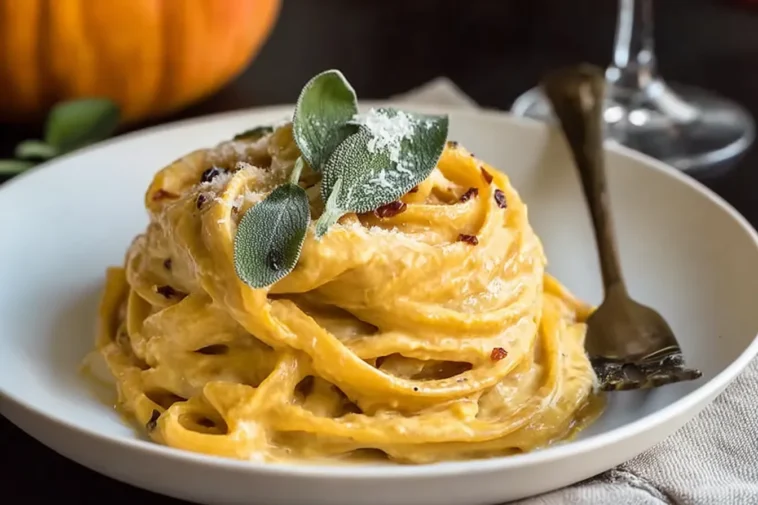 Creamy Pumpkin Pasta Sauce on Spaghetti