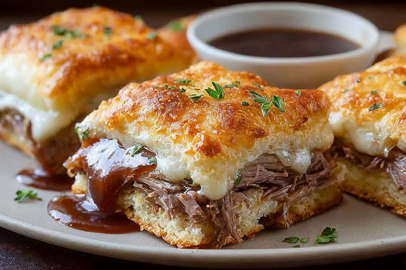 Delicious French Dip Squares Recipe – Perfect Party Treats 3 Delicious French Dip Squares Ready to Serve