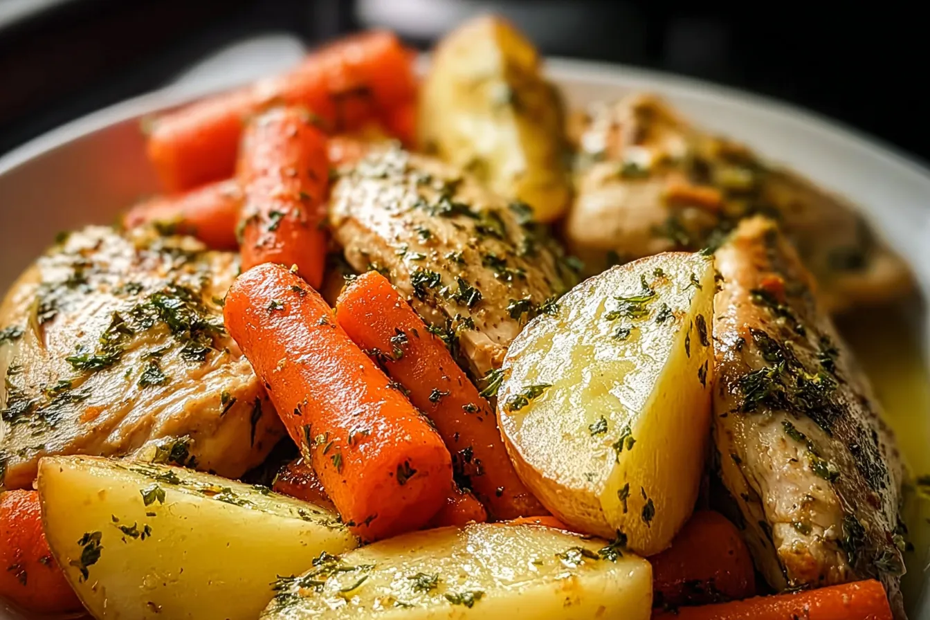 Delicious Slow Cooker Garlic Butter Chicken & Veggies Done Right 3 Delicious Slow Cooker Garlic Butter Chicken & Veggies Plate