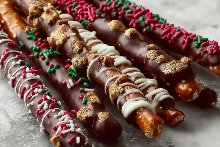 Holiday Chocolate-Dipped Pretzel Rods Ready for the Holidays