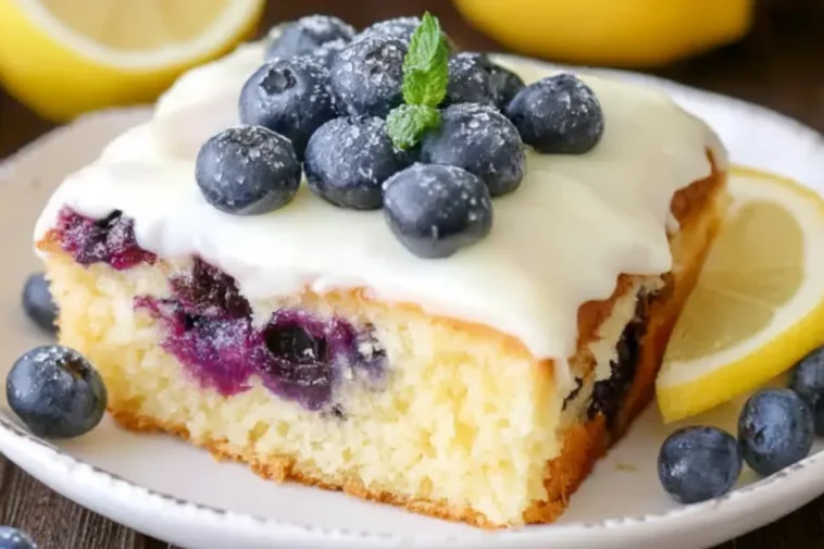 Lemon Blueberry Cake Slices on a Colorful Plate