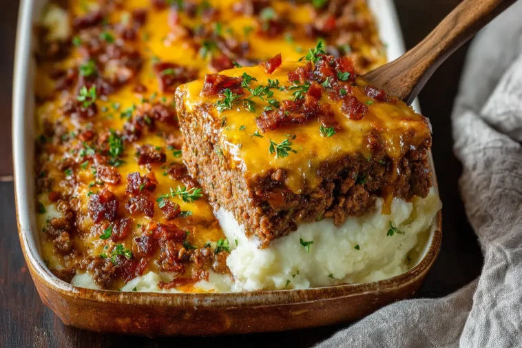 Delicious Meatloaf with Mashed Potatoes and Cheese Served Hot