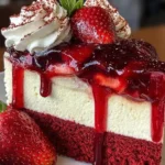 Delicious Red Velvet Strawberry Cheesecake Served