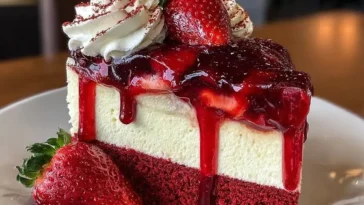 Delicious Red Velvet Strawberry Cheesecake Served