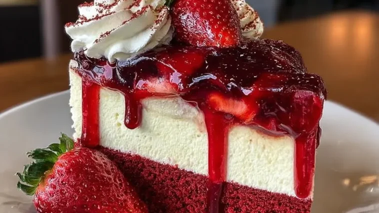 Delicious Red Velvet Strawberry Cheesecake Served