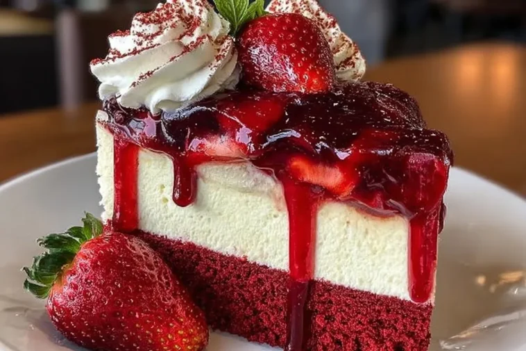Delicious Red Velvet Strawberry Cheesecake Served