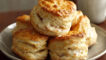 Sausage Gravy and Biscuits Plated with Fresh Herbs