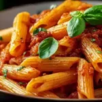 Spicy Penne Arrabbiata with Fresh Basil and Olive Oil in Bowl