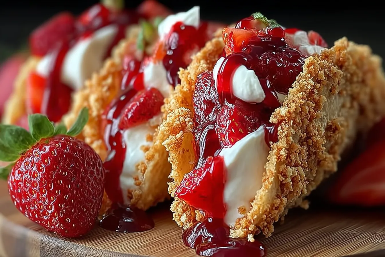 Strawberry Crunch Cheesecake Tacos: A Delicious Delight 3 Strawberry Crunch Cheesecake Tacos on a Plate