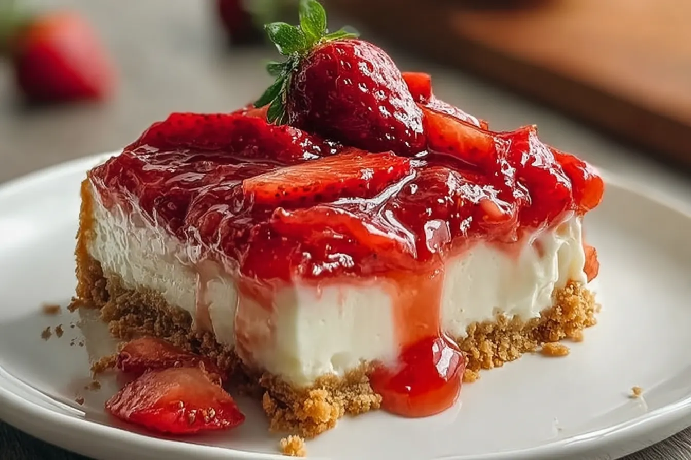 Strawberry Dump Cheesecake: Irresistibly Easy & Delicious 3 Strawberry Dump Cheesecake Slices Ready to Serve