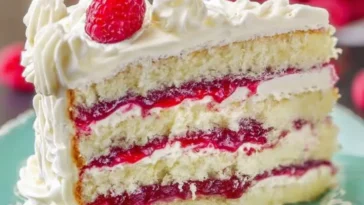 Delicious White Chocolate Raspberry Layer Cake Slice