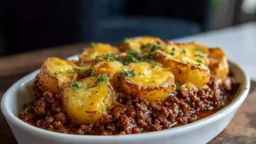 Cheesy Ground Beef and Potatoes Served Warm