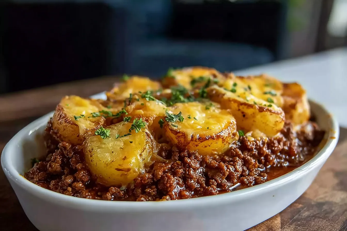 Cheesy Ground Beef and Potatoes: A Comforting Delight 3 Cheesy Ground Beef and Potatoes Served Warm