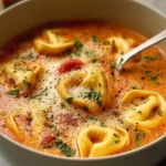 Delicious Cheesy Tomato Tortellini Soup in a Bowl