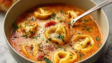 Delicious Cheesy Tomato Tortellini Soup in a Bowl