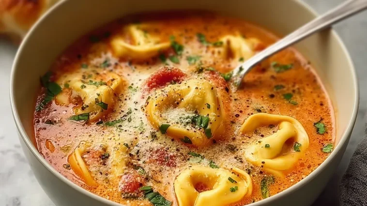 Delicious Cheesy Tomato Tortellini Soup in a Bowl