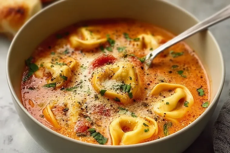 Delicious Cheesy Tomato Tortellini Soup in a Bowl