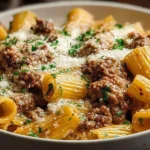 Creamy Parmesan Beef Rigatoni in a Bowl