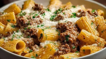 Creamy Parmesan Beef Rigatoni in a Bowl