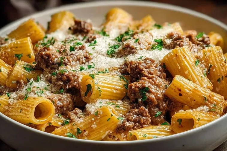 Creamy Parmesan Beef Rigatoni in a Bowl