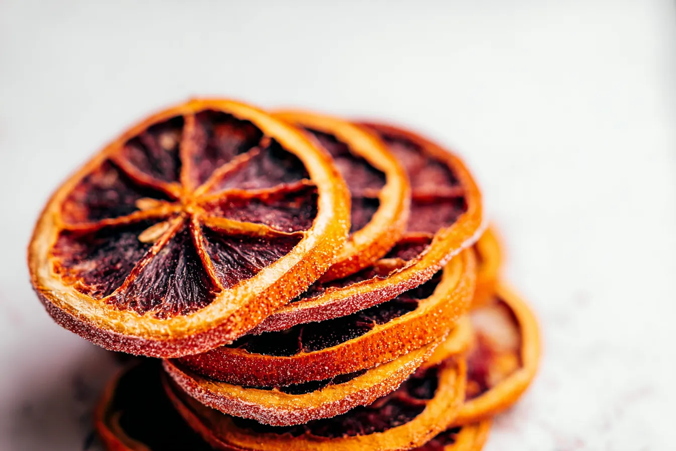 Dried Orange Slices: A Tasty Treat You’ll Love! 3 Colorful Dried Orange Slices on a Wooden Board