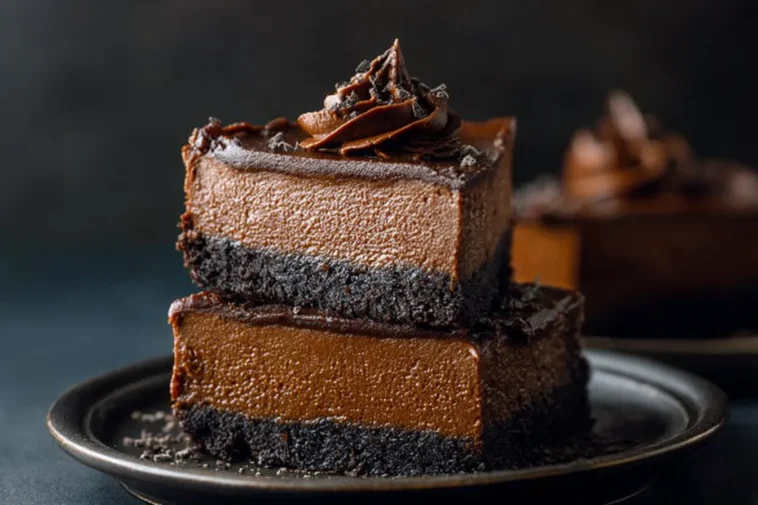 Easy Chocolate Cheesecake Bars Served on a Plate