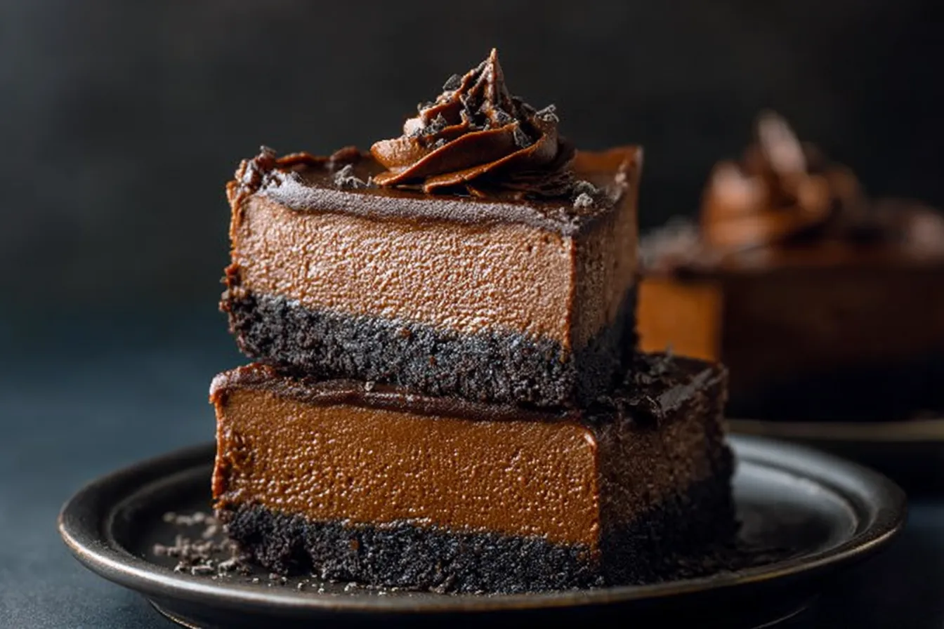 Easy Chocolate Cheesecake Bars Served on a Plate