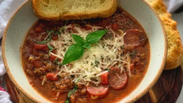Easy Pizza Soup Deliciously Served in a Bowl